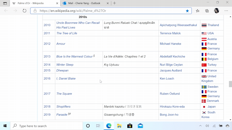 Smart copy in Microsoft Edge used to select a list from Wikipedia. It is then pasted into an Outlook email.