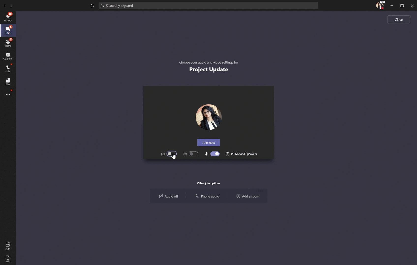 Animated image showing a background added to a user's email in Microsoft Teams. The worker selects a background from the background settings pane, then begins the meeting.