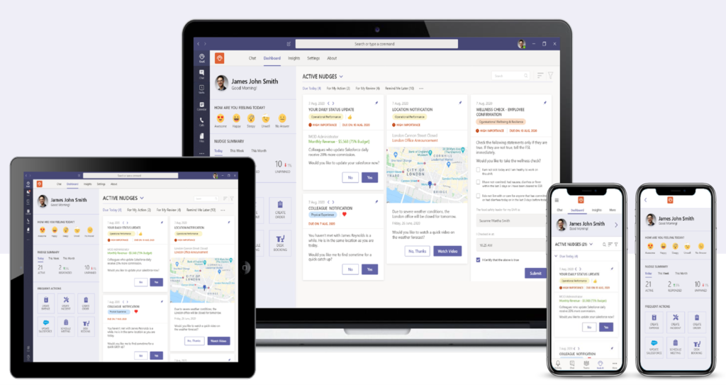 Image displaying the Nudge Teams app dashboard tab across desktop and mobile showing active nudges.