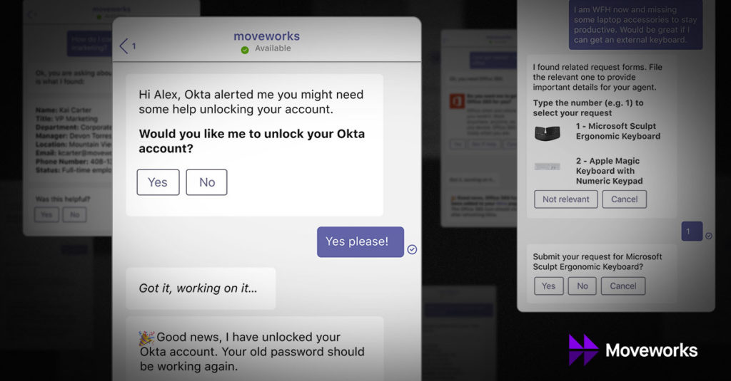 Image displaying the Moveworks Teams app on mobile being used in context of a PC peripherals support request.