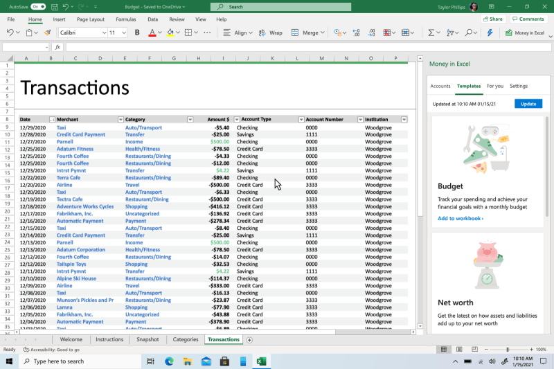 GIF showing the use of Money for building and maintaining a budget in Microsoft Excel.
