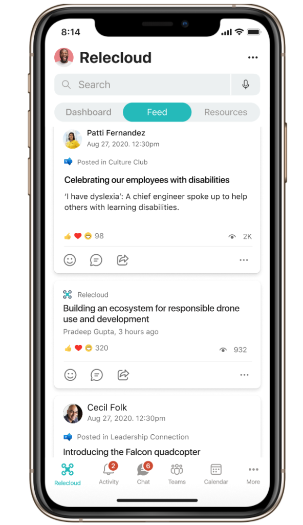 Viva Connections mobile app displays conversations from communities.