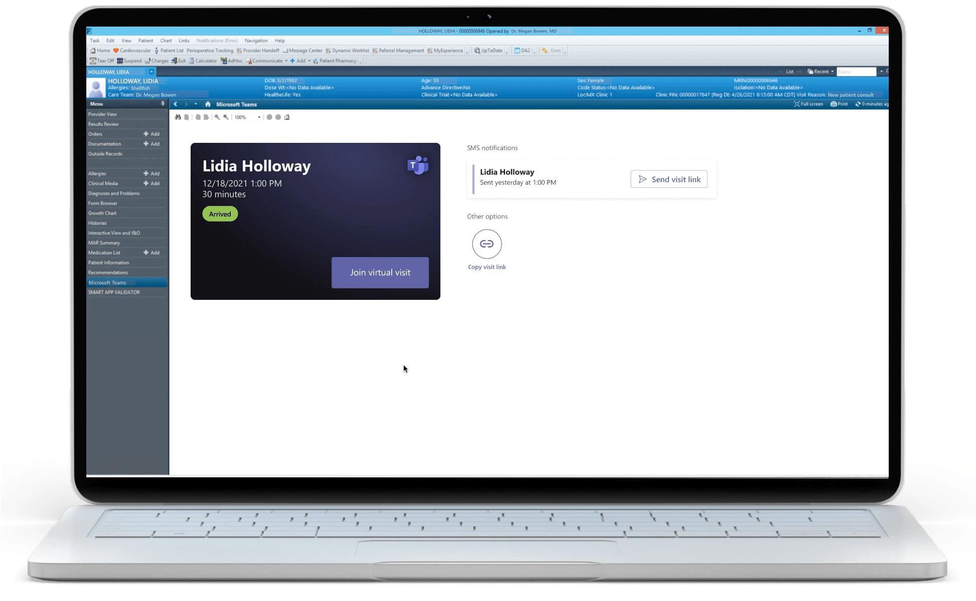 Animated image of the Microsoft Teams EHR connector showing a virtual visit being launched from within Cerner (now in private preview).