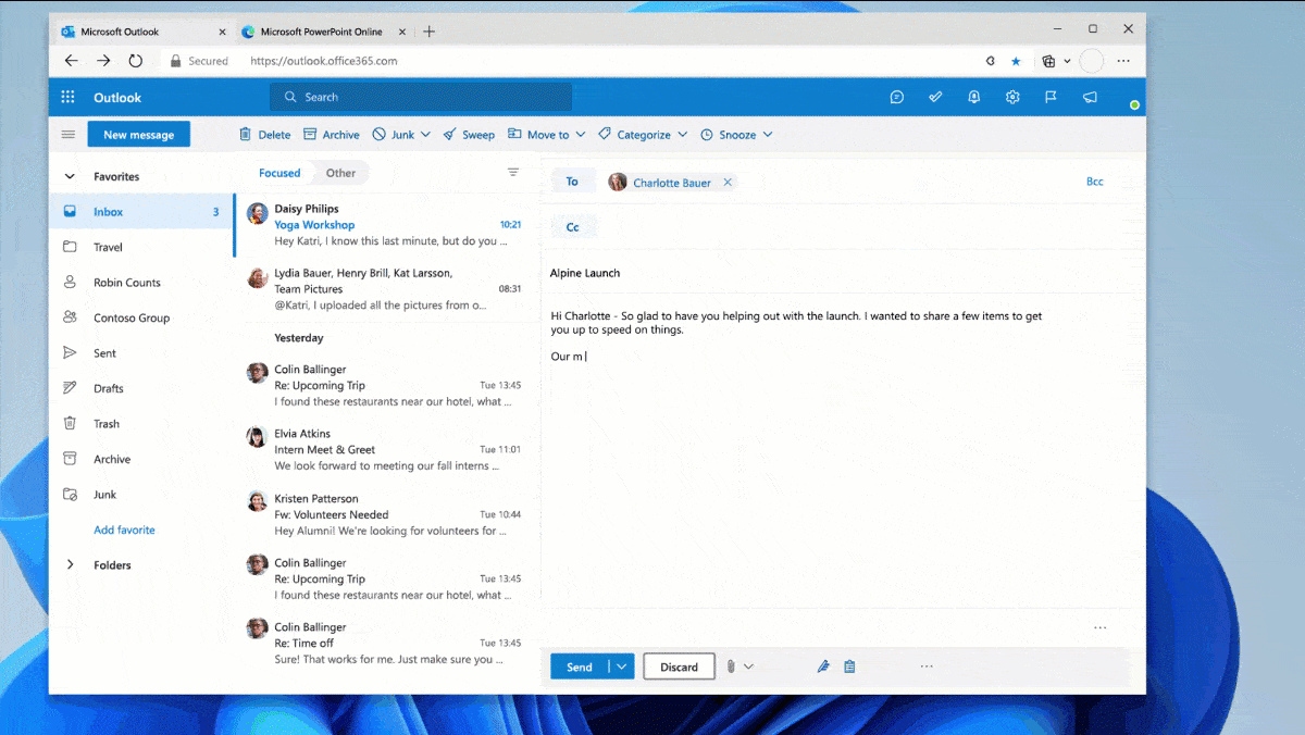 Microsoft Editor suggesting people and files in Outlook.
