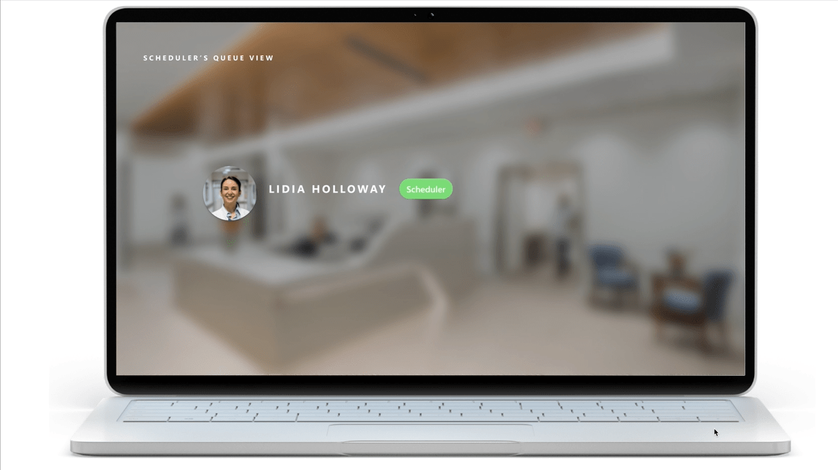 Animated image showing how people can view all their virtual visits in a queue view through Microsoft Bookings with updates on wait times and missed appointments.