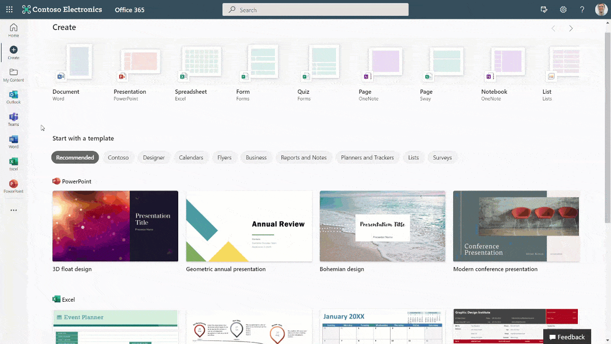 User in "Create" page in Office.com scrolling through templates.