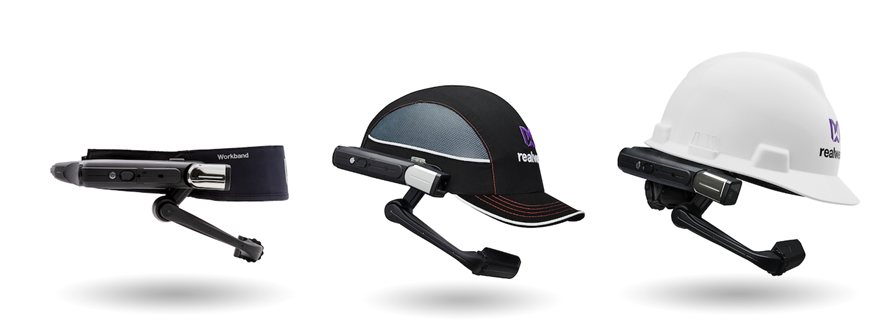 This is an image of three ways you can wear RealWear, a wearable remote assist headset– by itself, with a hat or with a hard hat.