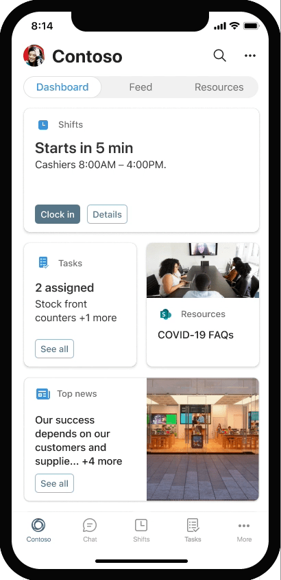 This is an image of Viva Connections Mobile showing someone scrolling through adaptive cards like Shifts, Tasks, resources and Approvals on the Dashboard.