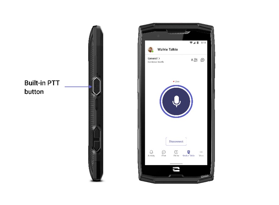 Side view of a mobile device showing the built-in push-to-talk Walkie Talkie button, next to the front view of the same device showing Walkie Talkie screen with a digital microphone button in center.