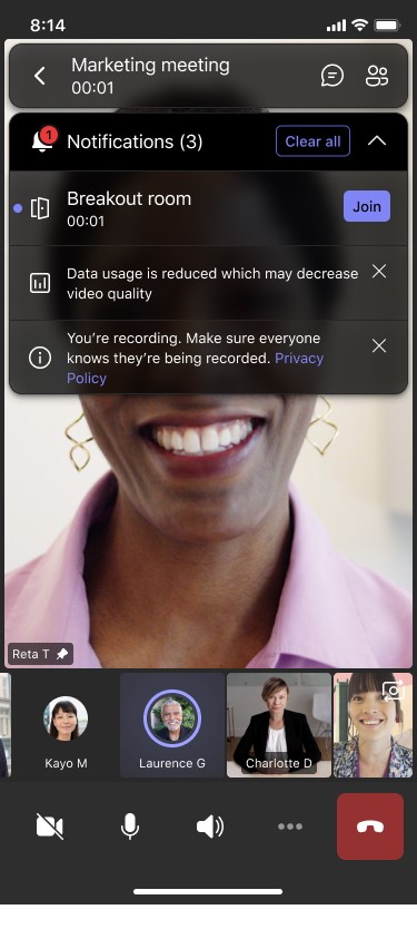 Teams meeting on mobile device with notifications popping up on top of screen and a Clear All.