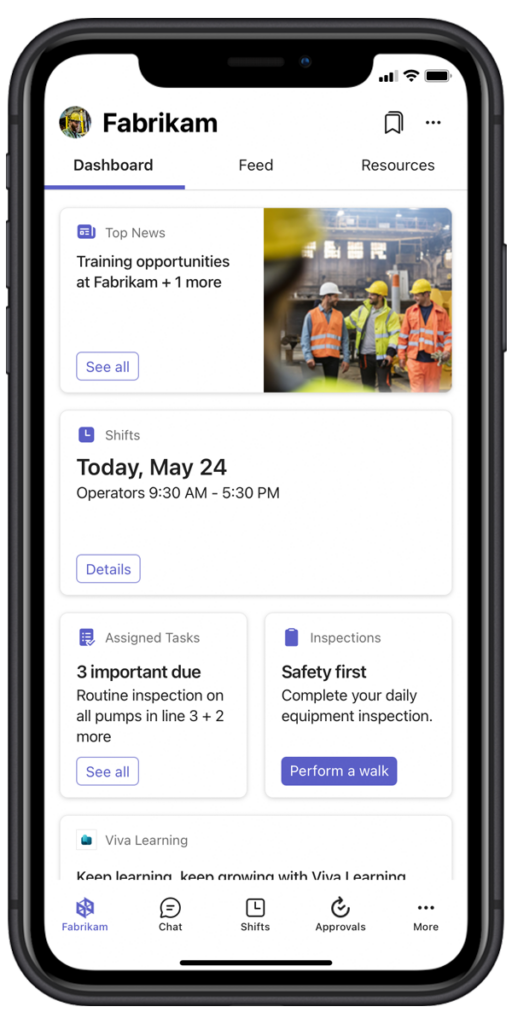 Mobile device showing Viva Connections Dashboard with multiple digital tiles for different resources.