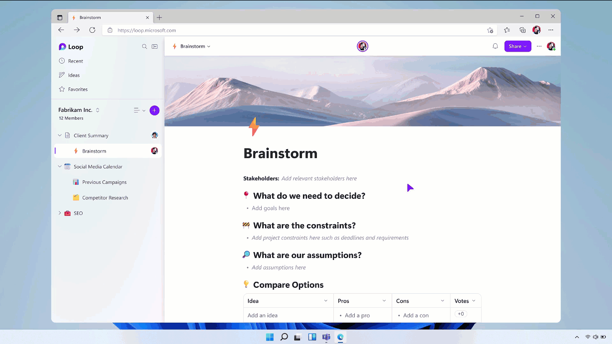 Preview of Loop app. Workspaces, pages, and components sync across Microsoft 365.