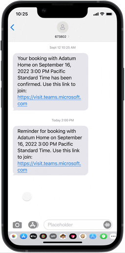 On a mobile phone, a customer sees a text notification, clicks to join their custom virtual appointment waiting room on mobile browser, sees a chat from the sales rep and replies, then the virtual appointment starts. After, she receives an email with a follow-up survey.