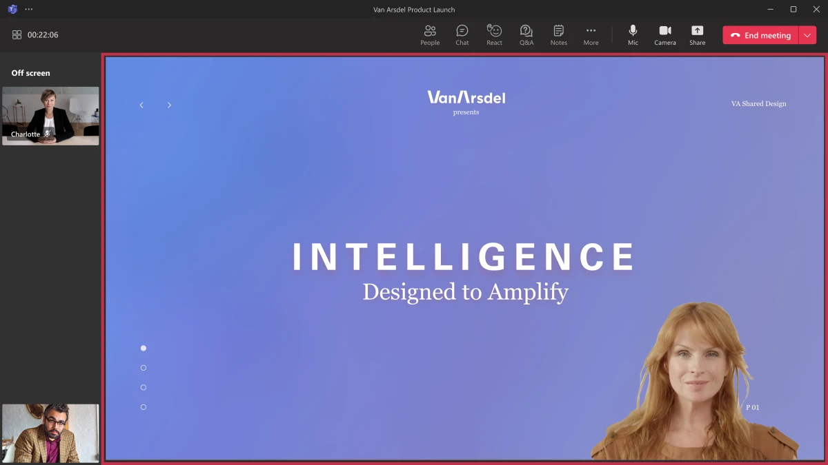 Presenter view of managing what attendees see with one presenter in standout mode with the presentation and one presenter that is off-screen.