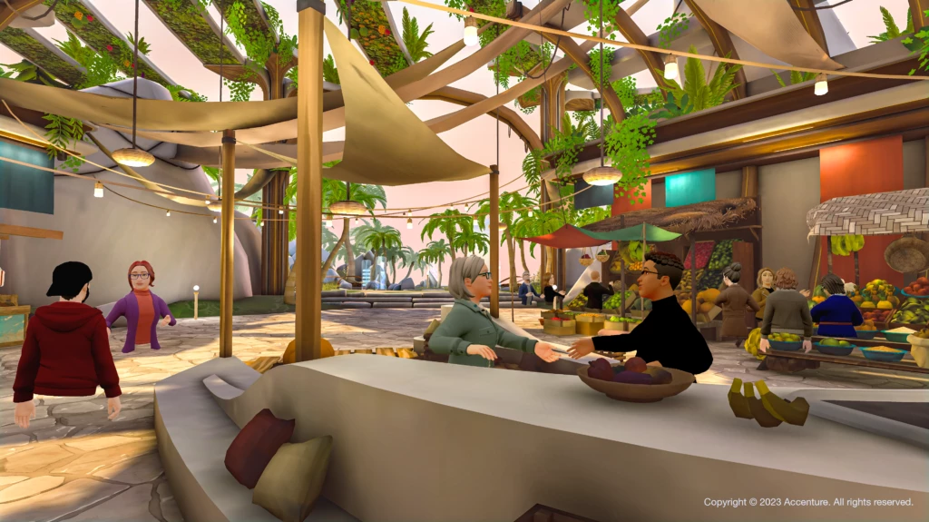 A 3D animation of the Food Innovation Hub, showing people meeting in an outdoor caf&eacute; setting surrounded by food stalls. 