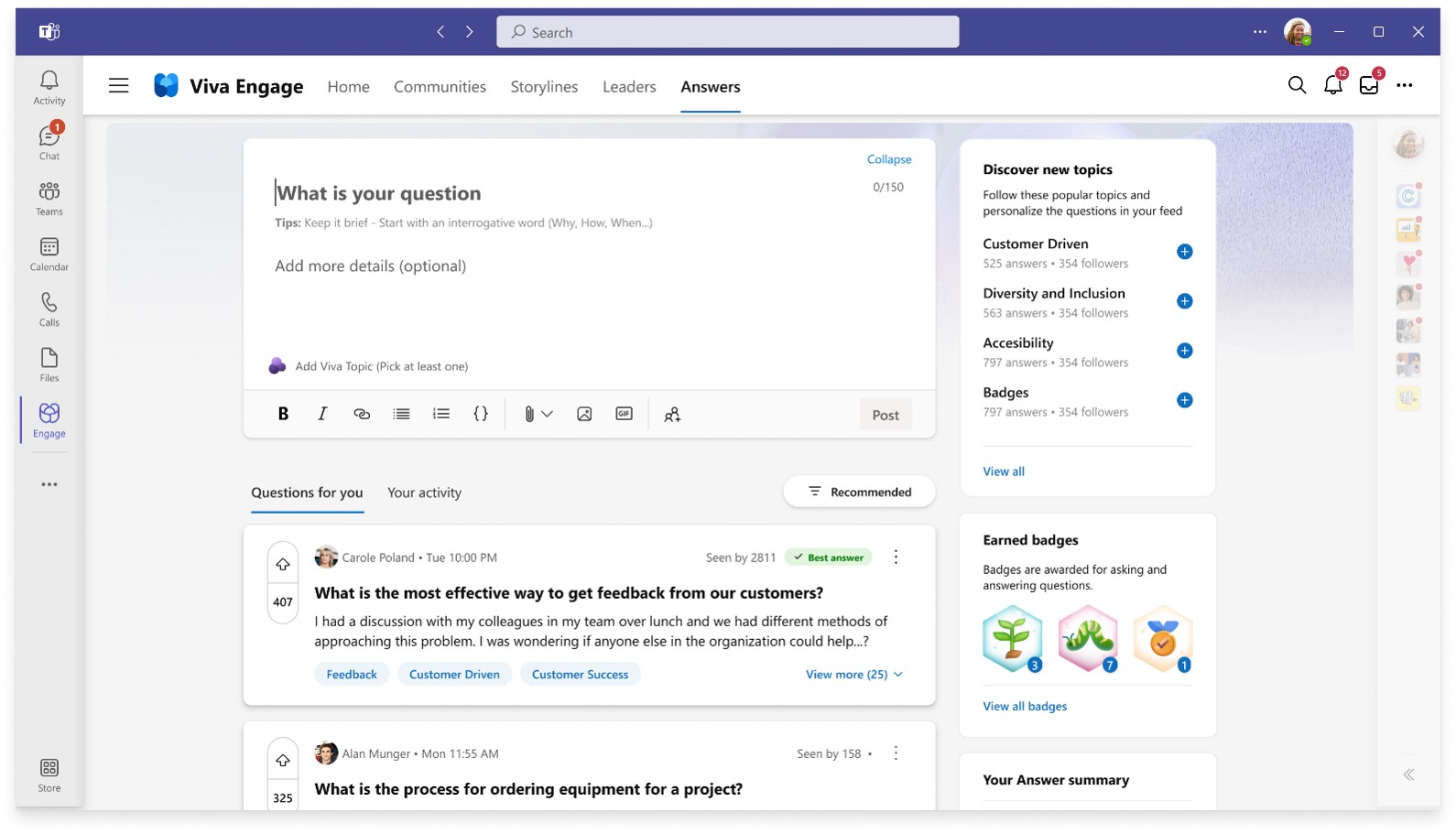 Asking a question within the Answers tab in Viva Engage.