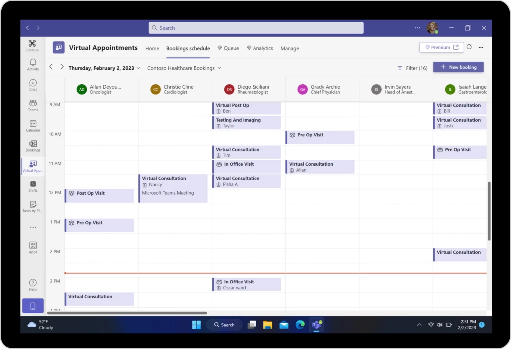A tablet device showing the Virtual Appointments Bookings schedule for Contoso Health physicians and specialists in Microsoft Teams.