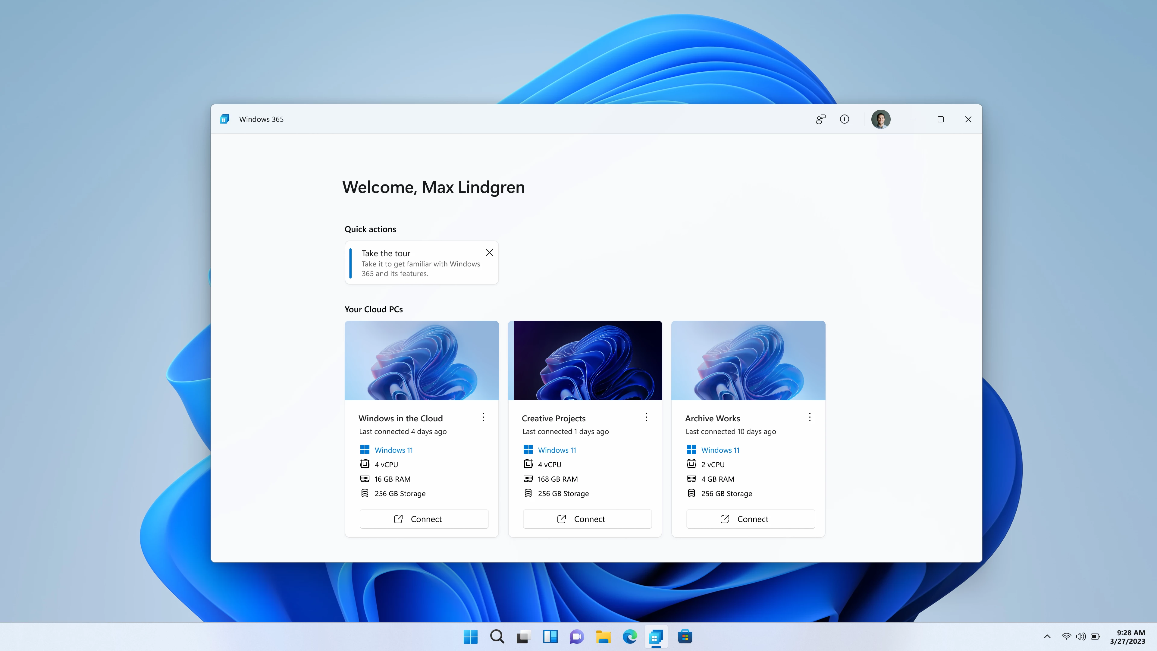 Windows 365 Cloud PC log-in in the Windows 365 app, including the Windows 365 &ldquo;Welcome&rdquo; screen and a Windows &ldquo;bloom&rdquo; image as the background. The screen includes a &ldquo;Quick actions&rdquo; section and a &ldquo;Your Cloud PCs&rdquo; section showing three Cloud PCs.