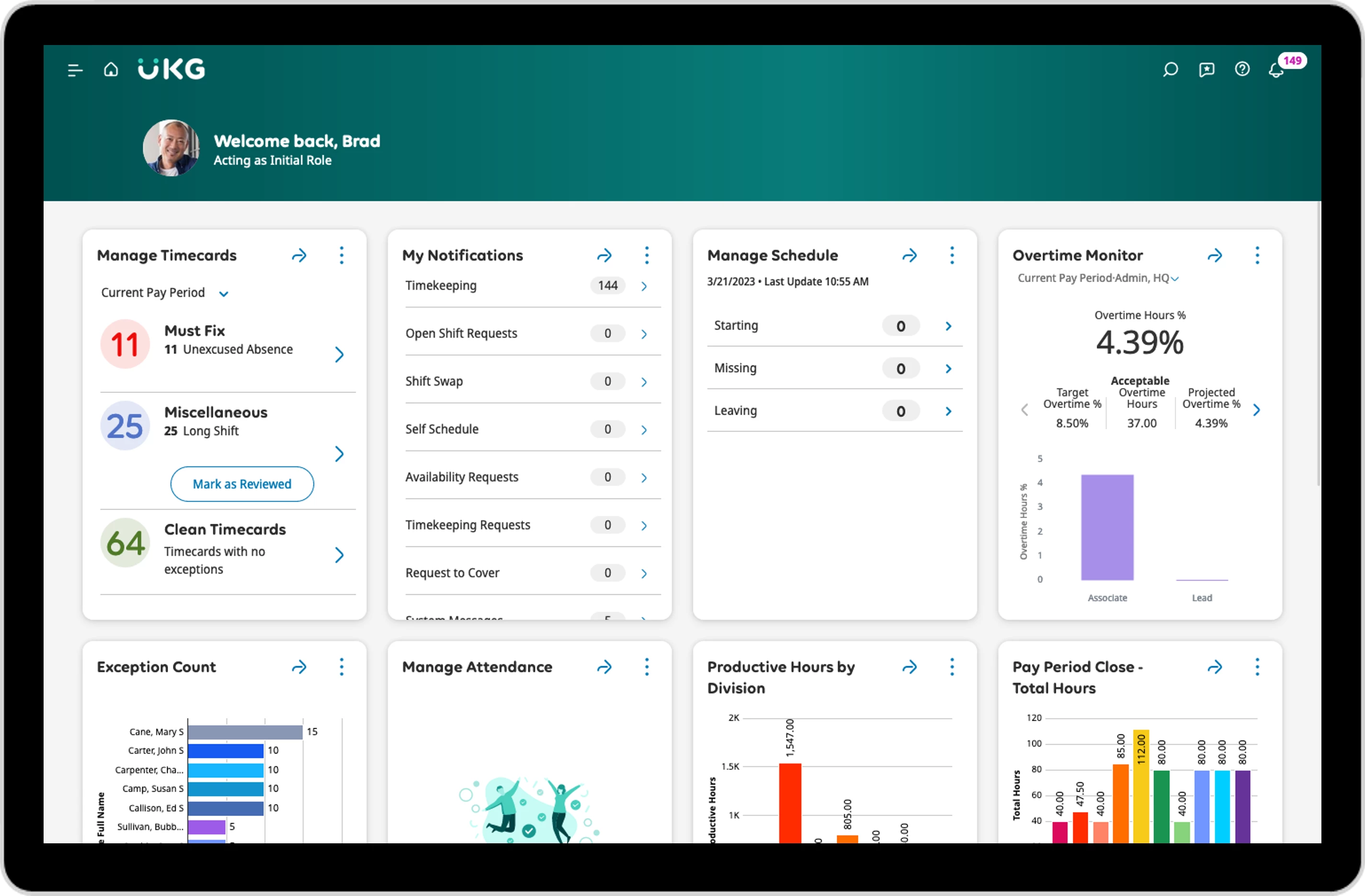 A tablet device showing the UKG dashboard.