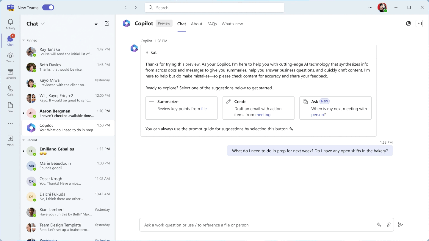 A GIF of a manager using Microsoft 365 Copilot to understand open items for the week including open shifts and onboarding a new employee through a chat interface in Teams.