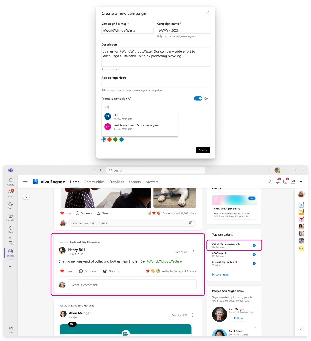 Two UI elements showing the Targeted Campaigns in Viva Engaeg feature. The first shows the targeting workflow for a communicator selecting an audience, and the second highlights where the campaign gets promoted in the Viva Engage feed and side bar.