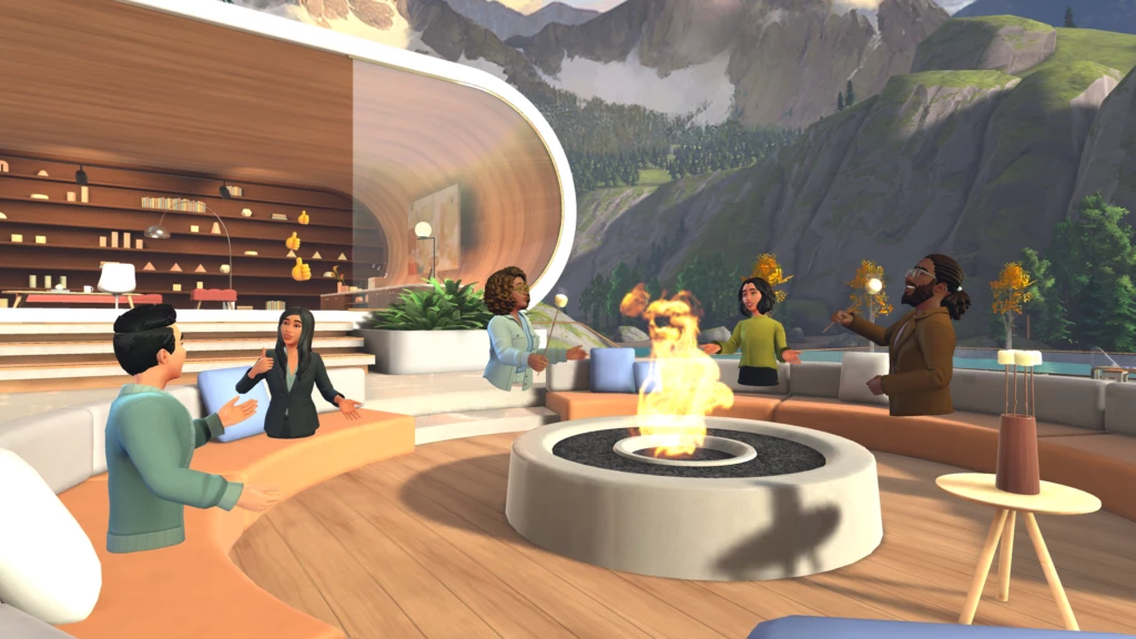 Five avatars interacting around a fireplace giving thumbs up and roasting marshmallows in the Lakehouse immersive environment.