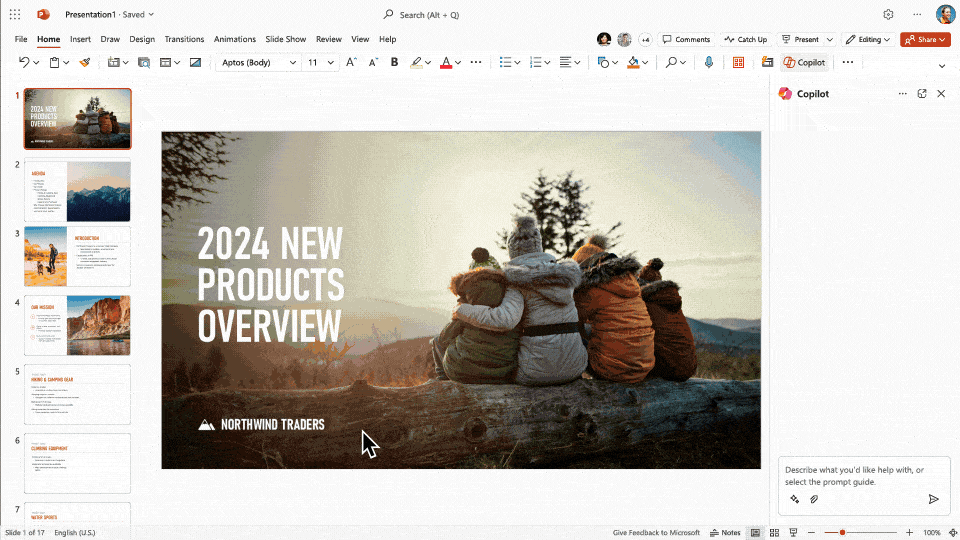 A PowerPoint user tasks Copilot to locate "the Mod 2" tent for Northwind Traders. Copilot presents various images. The user picks one, asks Copilot to integrate it into an outdoor scene, and solidifies the choice with a "keep it" click, embedding the image in the slide.