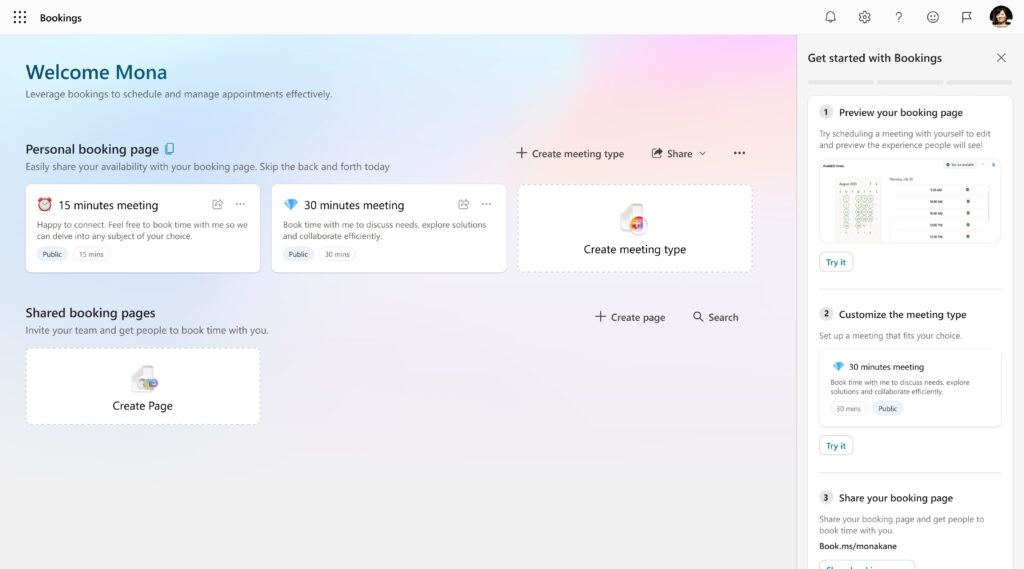 A screenshot of the Bookings home page showing meeting options.