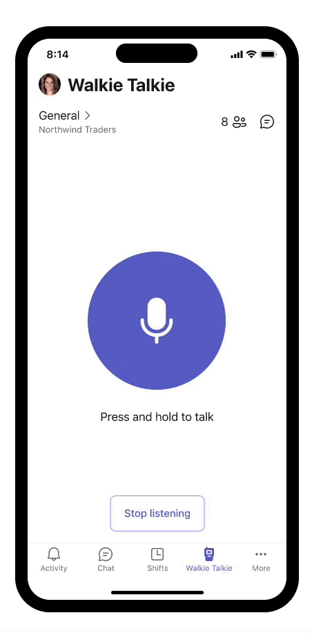 Walkie Talkie in teams, showing notification and app interface.