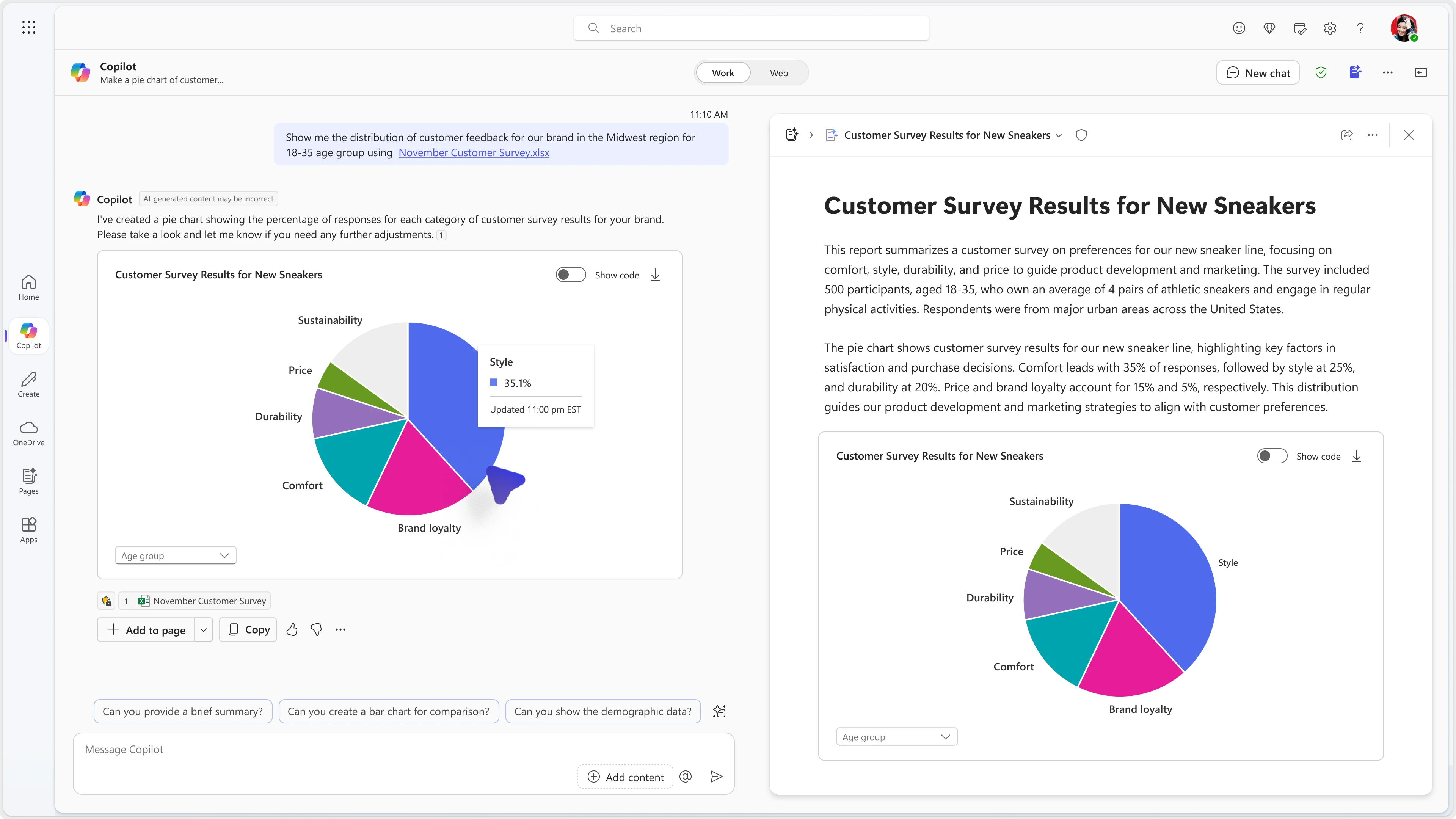 A screenshot of in-product UI of Copilot with a pie chart diagram on the left side and a page with copy and the pie chart on the right side.