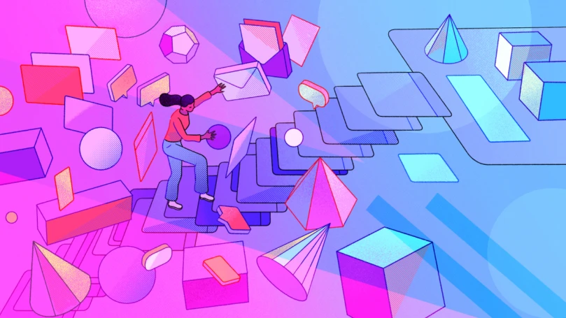 A woman standing on stairs with many geometric shapes against a pink and blue colorful background