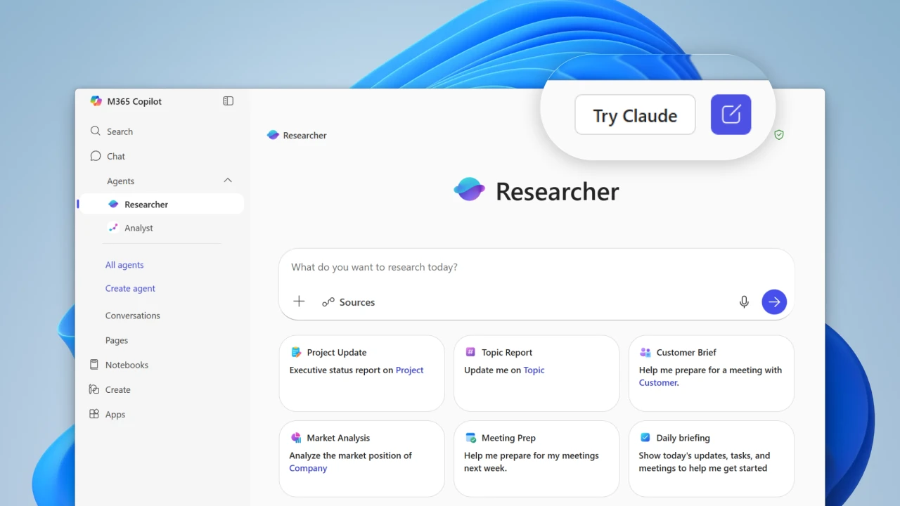 The Researcher agent in Microsoft 365 Copilot with an option to try Claude