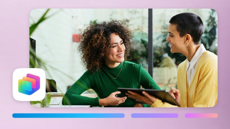 Two people using Microsoft Copilot Studio collaborate in an office setting. The Copilot Studio icon is in the left bottom corner.