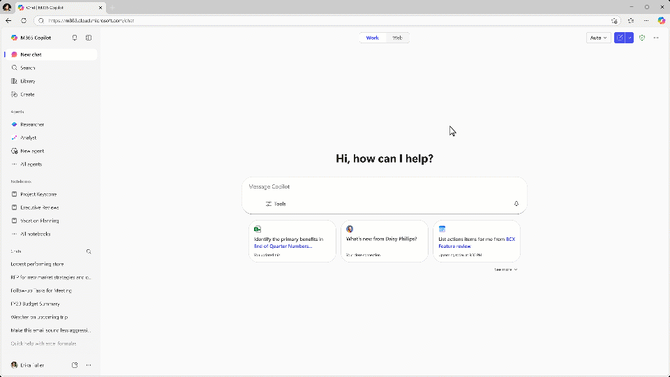 Microsoft Copilot with a dropdown menu open in the upper-right corner showing response modes. 