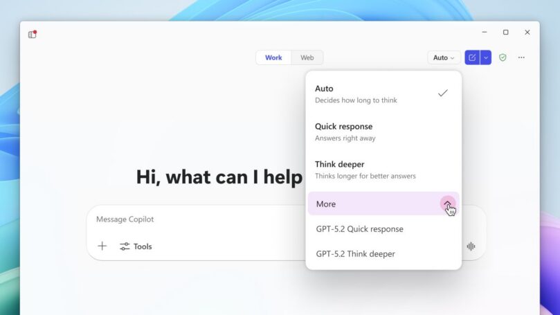 A screenshot of Microsoft Copilot with a dropdown menu open in the upper-right corner showing response modes. Options include Auto, Quick response, Think deeper, More, response, and Think deeper. The main interface displays a greeting with a text box labeled Message Copilot.