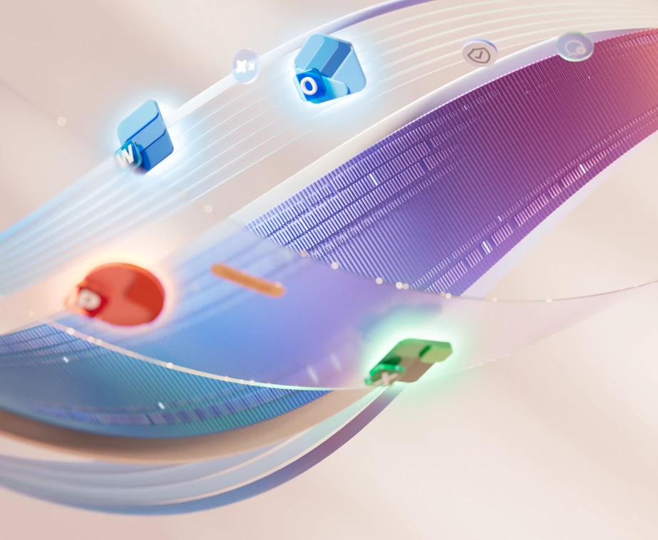 A decorative image with the Microsoft 365 app icons on a purple ribbon