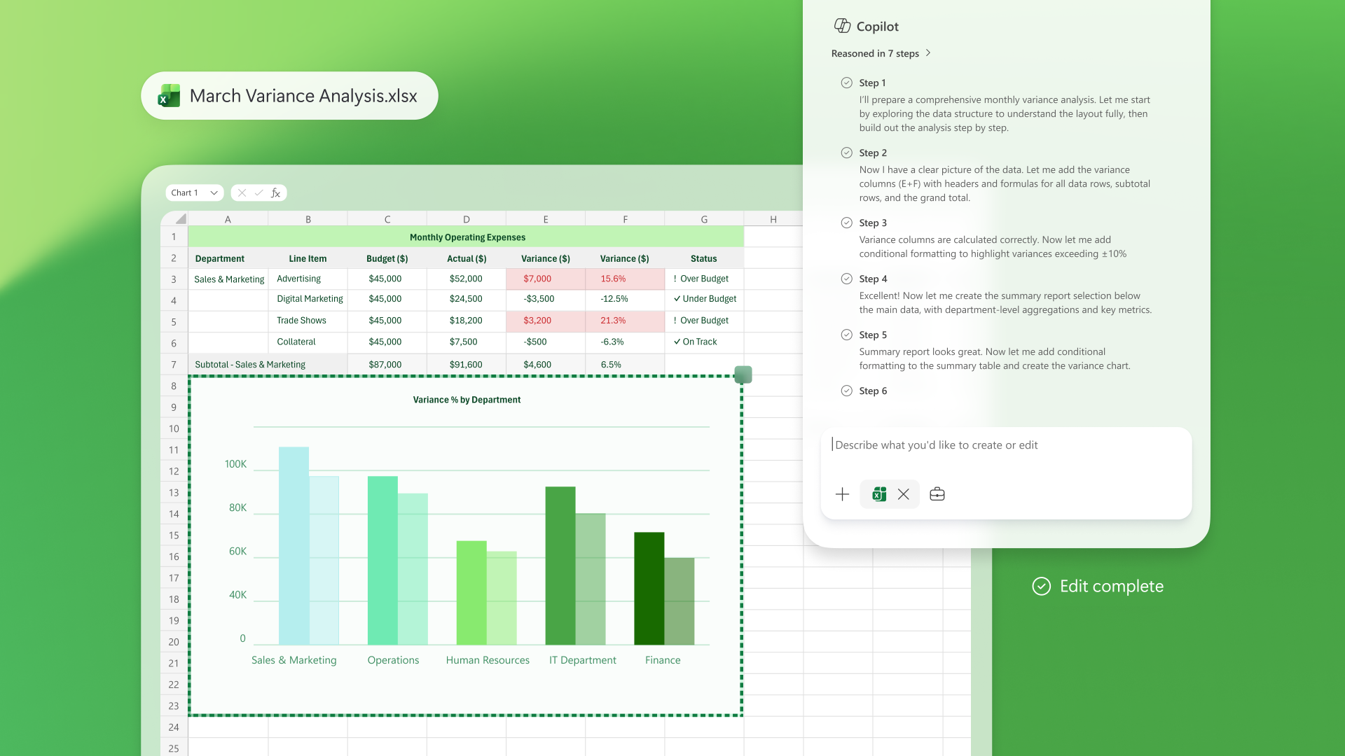 A decorative image showing Copilot analyze business data in Excel