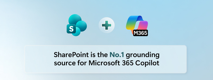 Graphic showing the SharePoint logo and the Microsoft 365 Copilot logo separated by a plus sign, above the text: ‘SharePoint is the No. 1 grounding source for Microsoft 365 Copilot.