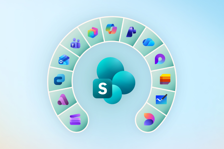 Teal SharePoint logo displayed at the center, encircled by a ring of Microsoft 365 app icons on a gradient background, with ‘SharePoint’ written below the graphic.