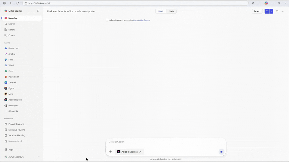 Animated UI showing Adobe Express embedded in Microsoft 365 Copilot chat, where a user accesses design templates and visuals directly within the conversation.