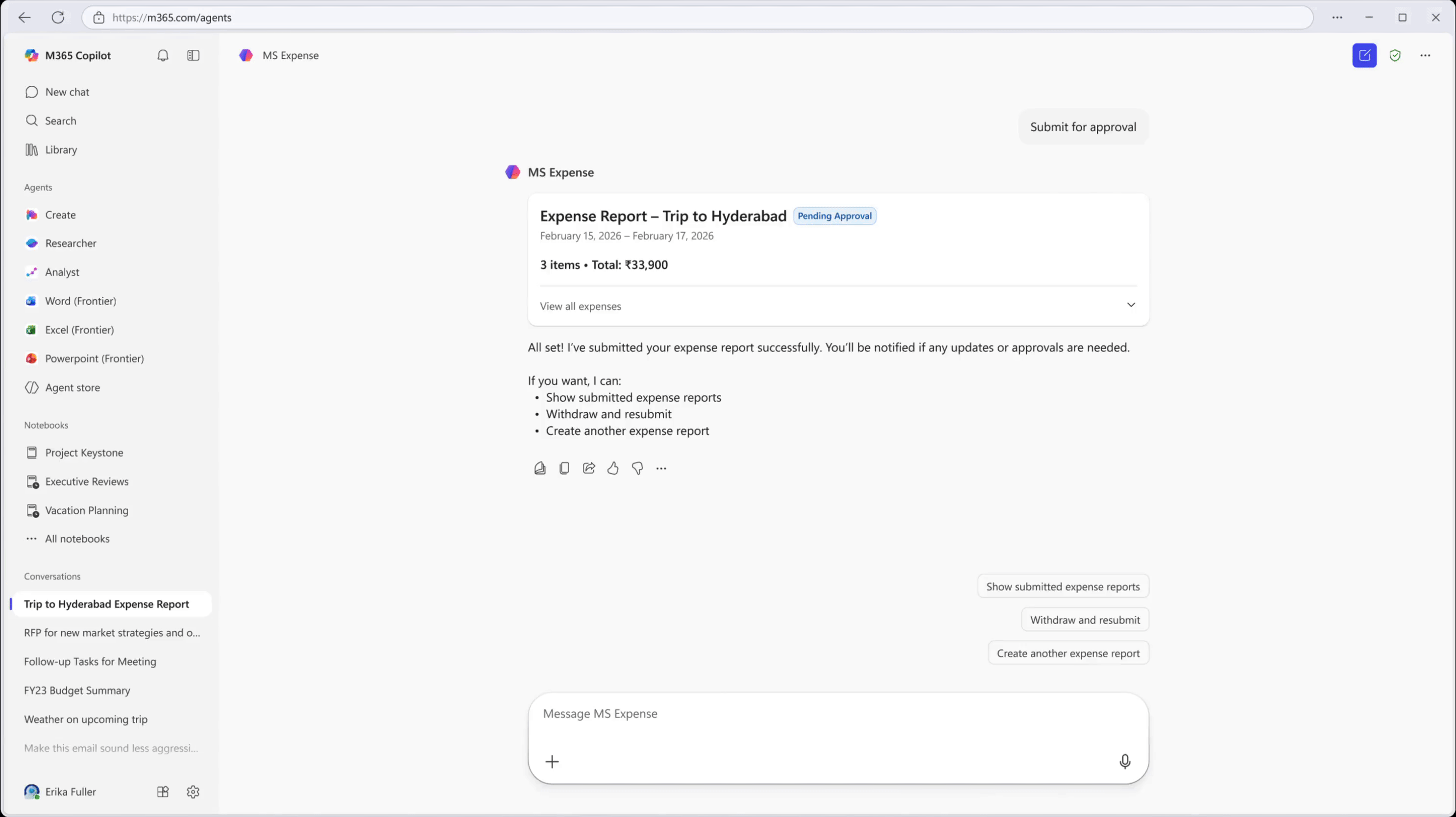 Microsoft 365 Copilot confirms an expense report submission in MS Expense with status shown as pending approval.
