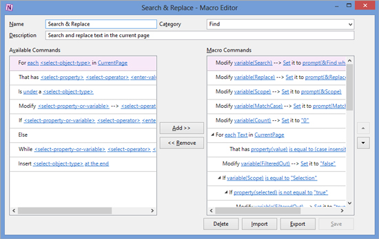 Search and Replace menu popup