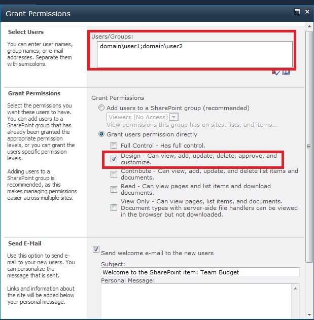 In the "grant permissions" dialog box the "users/groups" box is circled within the "select users" section. Additionally, the "design - " checkbox is checked in the "grant permissions" section