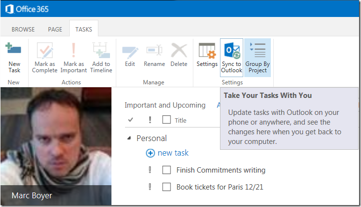 in the "tasks" tab, the "syn to outlook" option is highlighted