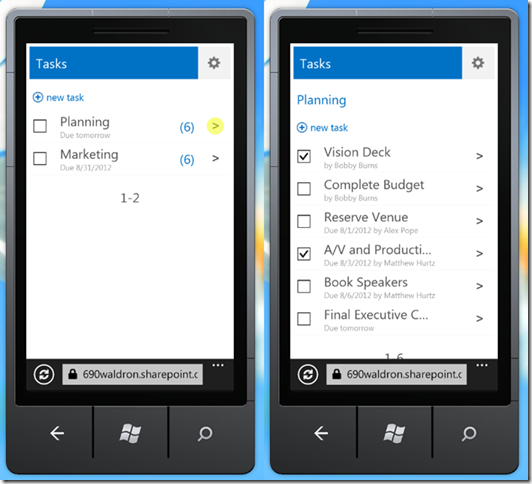image of two mobile views next to each other. Images on screen are of two task lists and a task list with some items checked off.