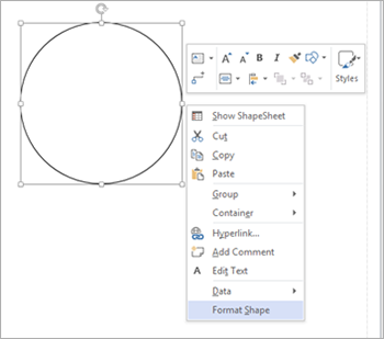 a circle image is displayed with a dropdown menu beside it with "format shape" highlighted