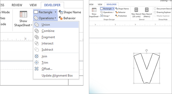 Word document developer menu displays the "rectangle" dropdown menu