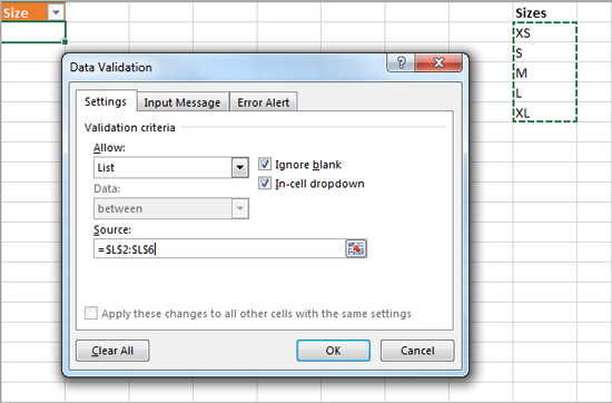 Select range of data with sizes