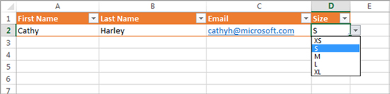 Size dropdown in the table