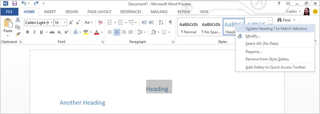 Screenshot of the heading style being updated to match selection
